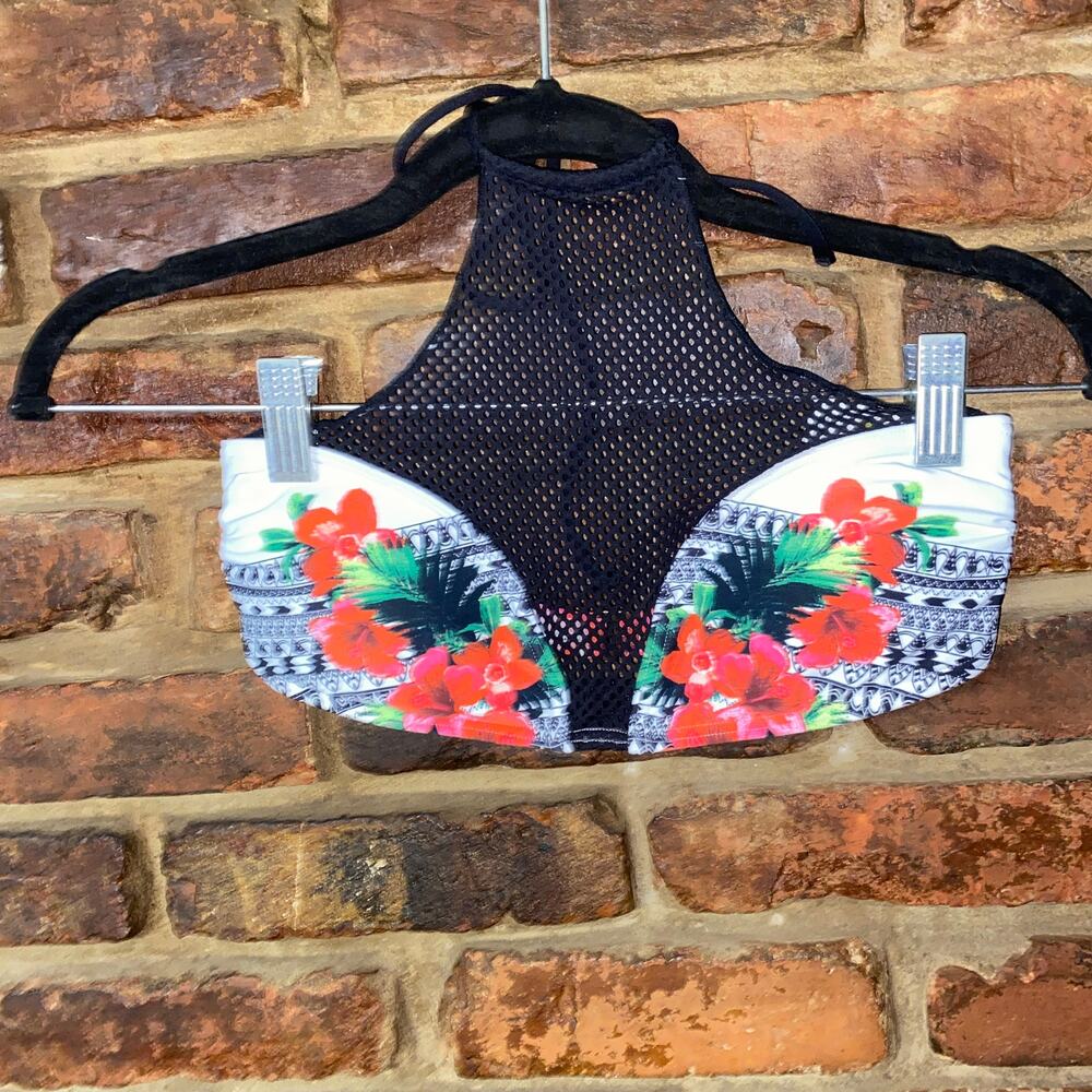 Rip Curl Tropical Floral Mesh High Neck Bikini Swim Bathing Suit Top Size Medium